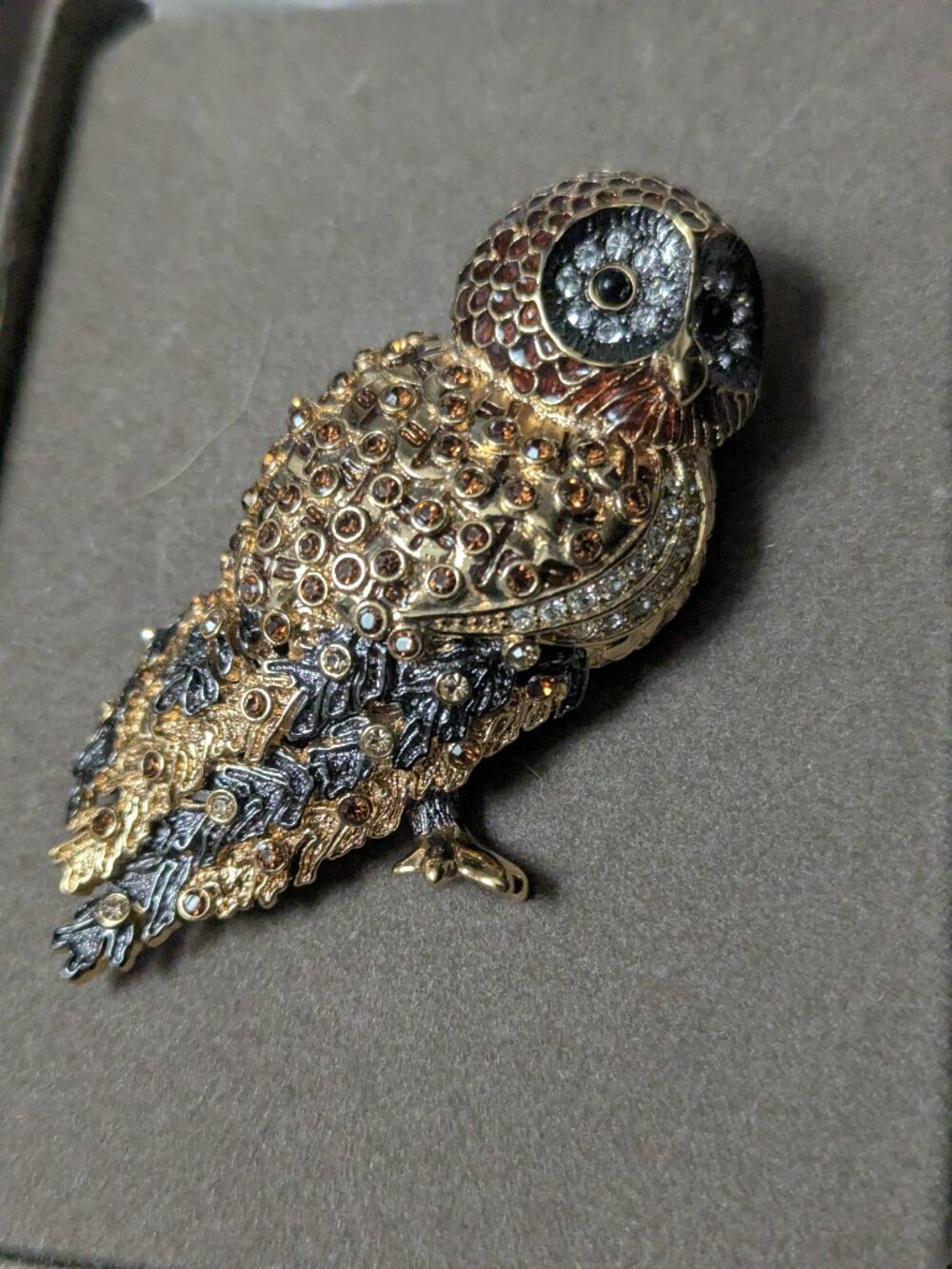 Vintage Signed Nolan Miller Gold Tone Rhinestone Owl Brooch Pin